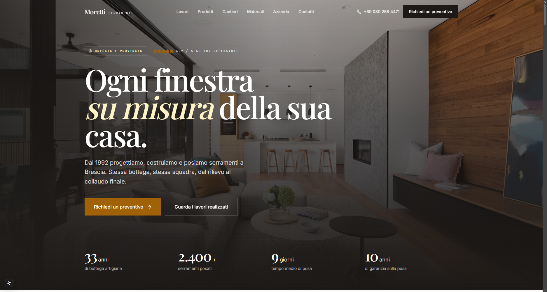 Anteprima del sito demo Moretti Serramenti: sito di un'azienda di infissi con portfolio lavori e preventivo.