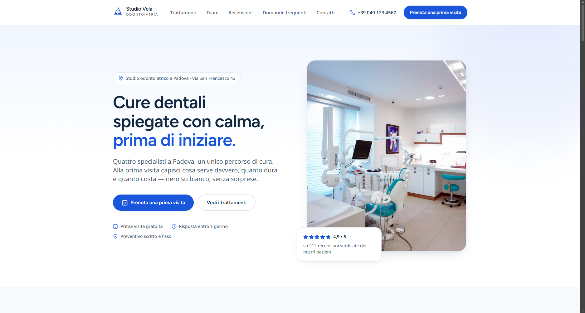 Anteprima del sito demo Studio Vela: sito di uno studio odontoiatrico con trattamenti e prenotazione.